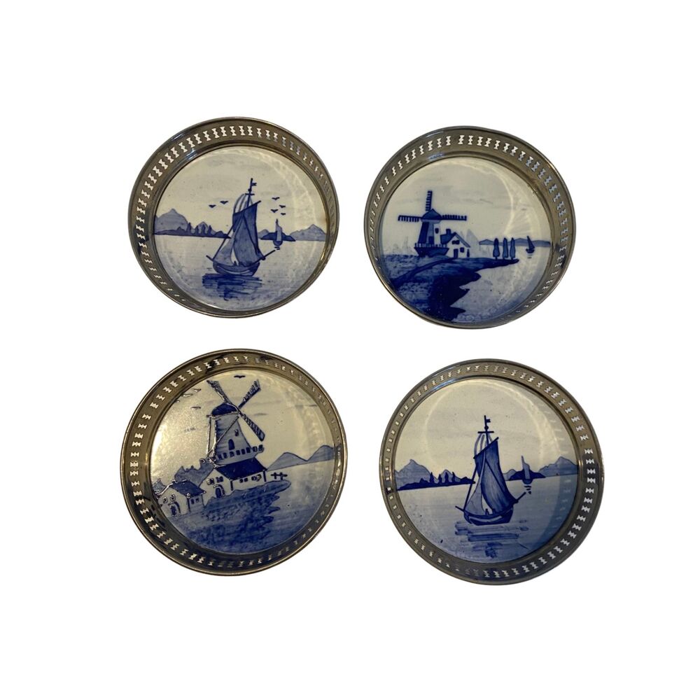 VTG Delftware Porcelain Coasters Set of 3 Silver Plate Frames Germany